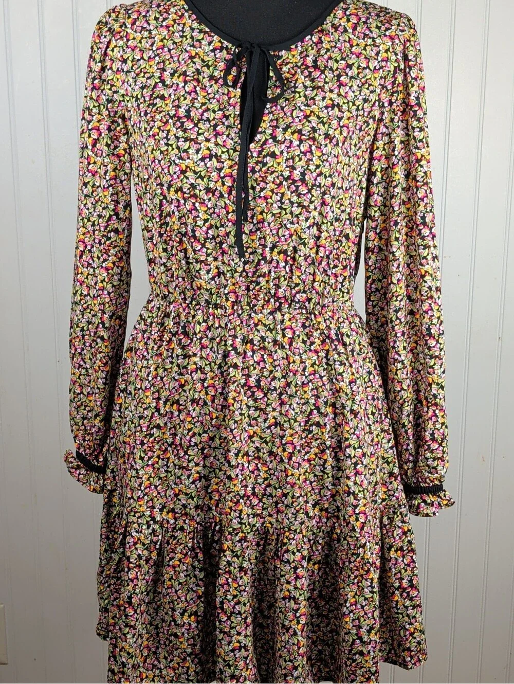 J. CREW Floral Ditsy Print Long Sleeve Tie Neck Mini Dress 4P